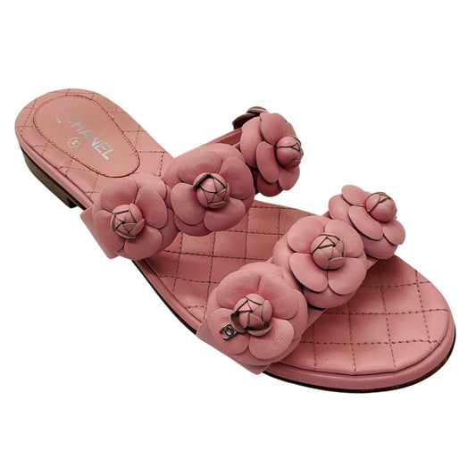 Chanel Light Pink 2018 Camellia Double Strap Lambskin Leather Sandals