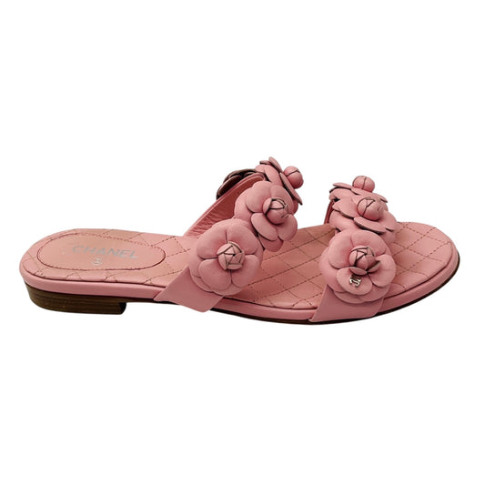 Chanel Light Pink 2018 Camellia Double Strap Lambskin Leather Sandals