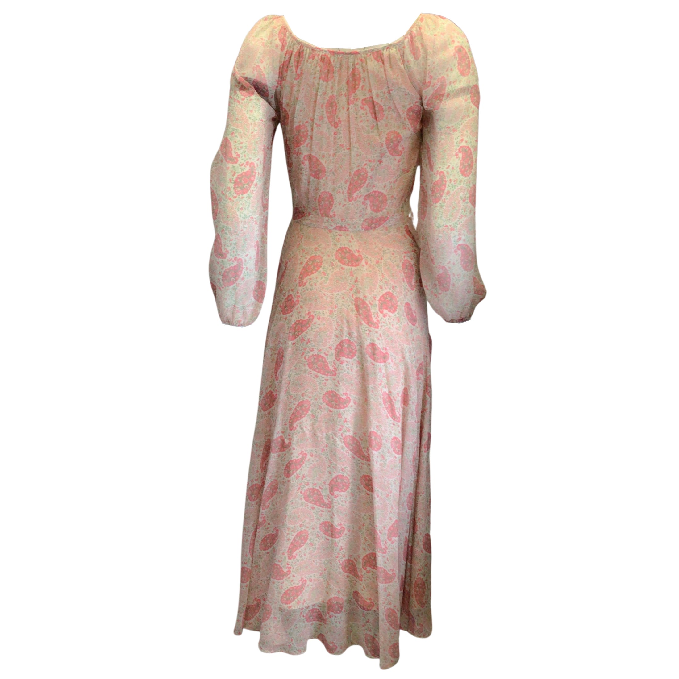 Co. Ivory / Pink / Green Multi Floral Paisley Printed Long Sleeved Silk Midi Dress