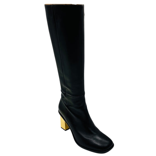 Chloe Black Tall Leather Boots with Gold Heel