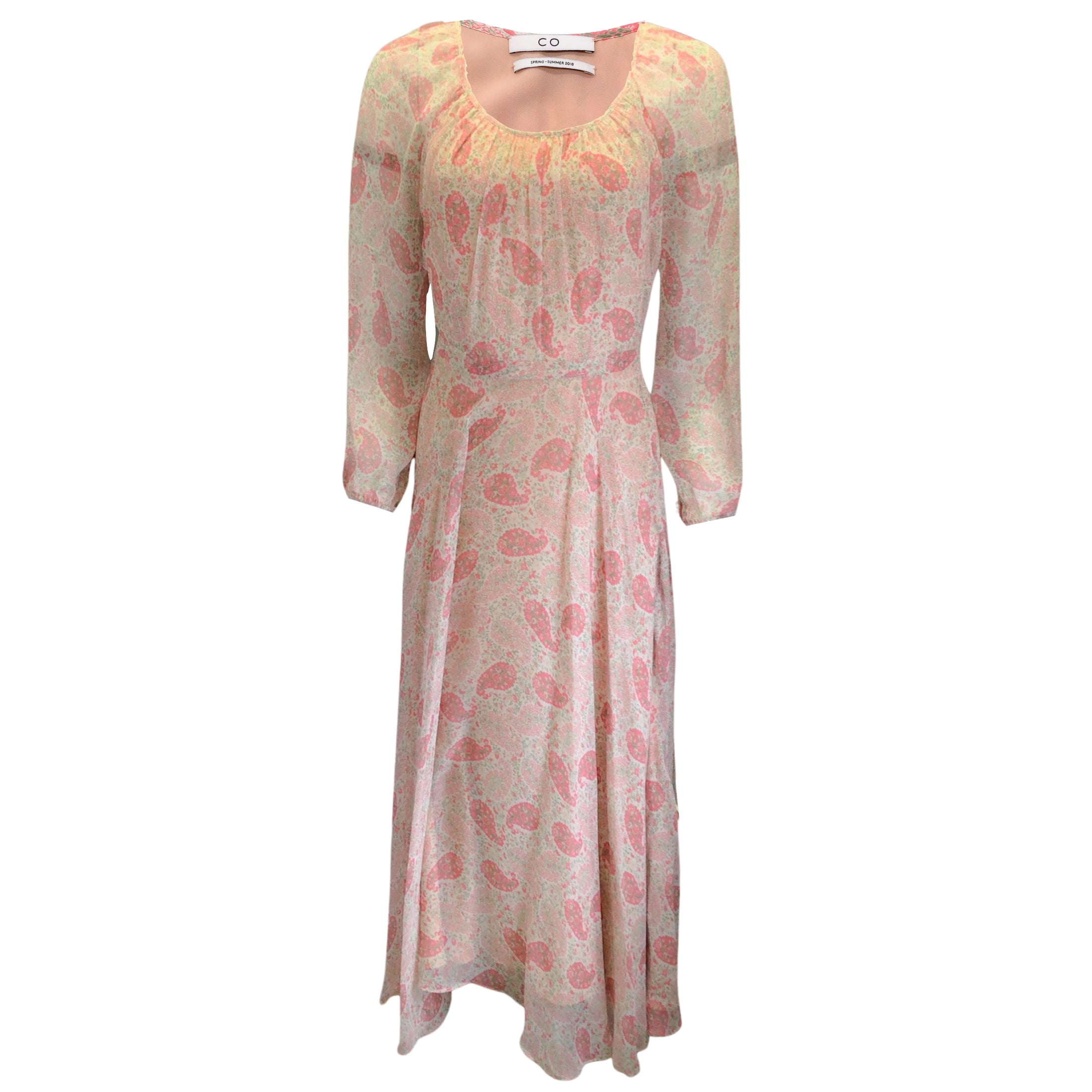 Co. Ivory / Pink / Green Multi Floral Paisley Printed Long Sleeved Silk Midi Dress