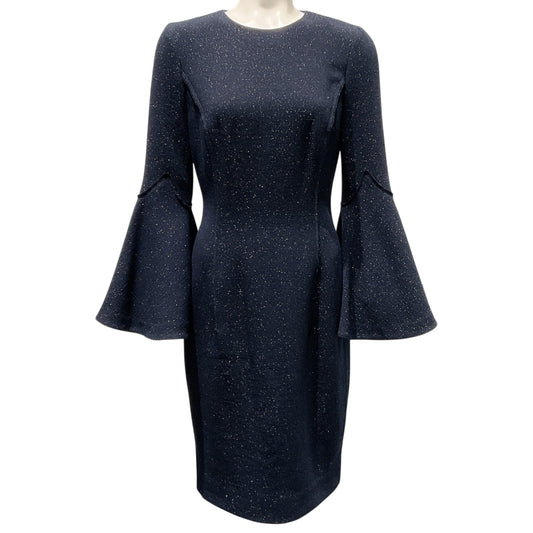Oscar de la Renta Navy Blue Shimmer Wool Crepe Bell Sleeve Dress

