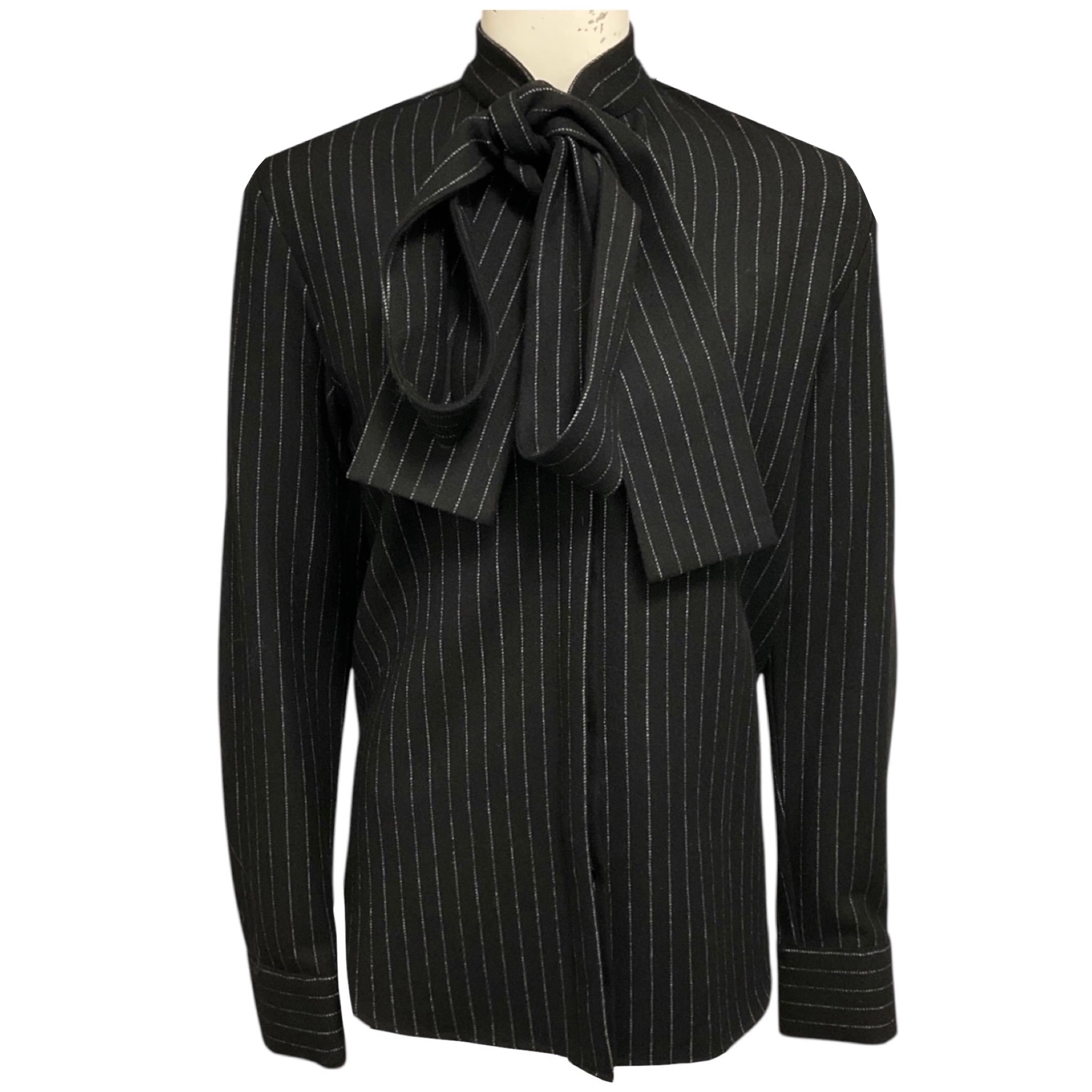 Alex Perry Black Wool Pinstripe Tie Shirt