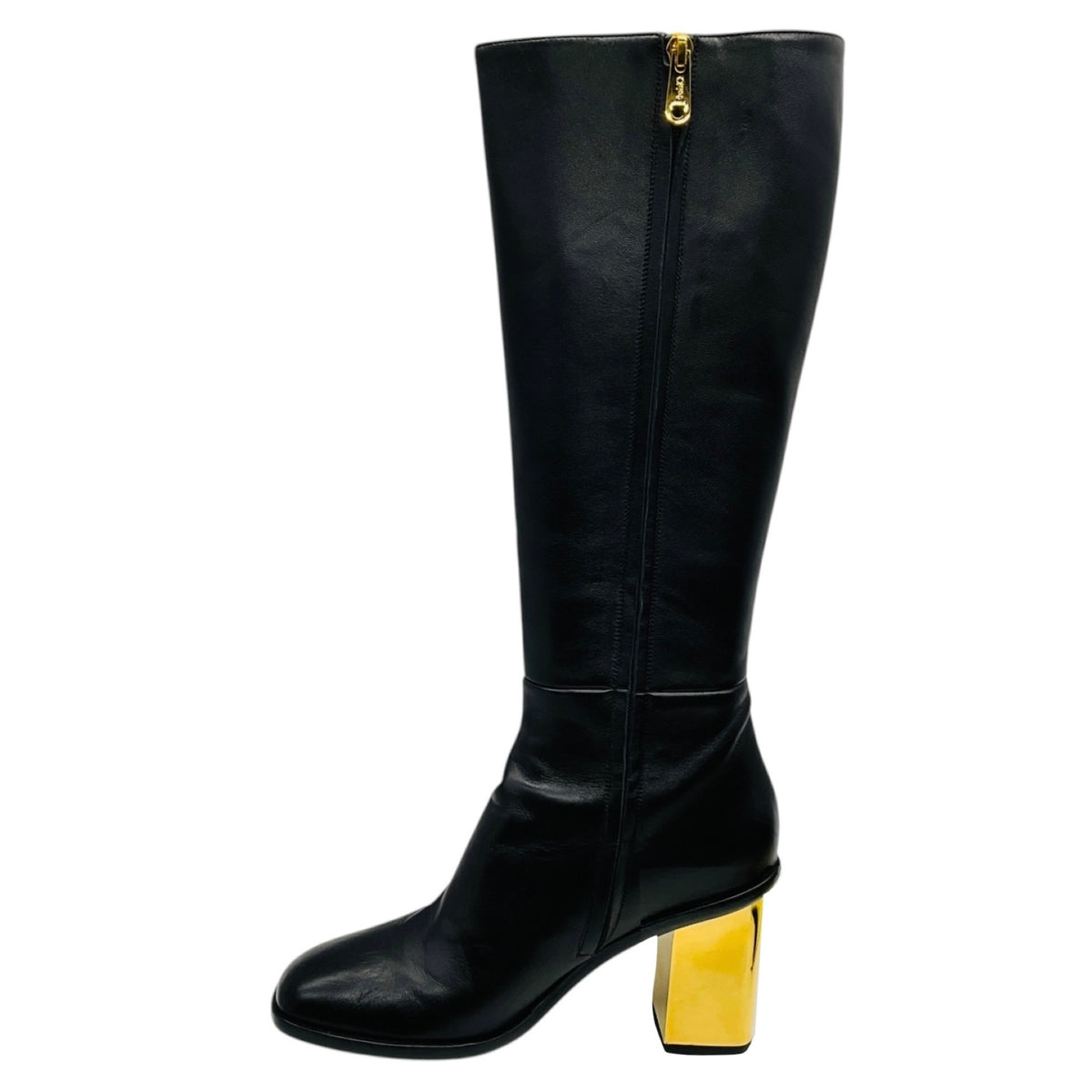 Chloe Black Tall Leather Boots with Gold Heel