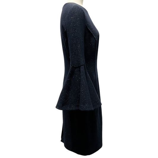 Oscar de la Renta Navy Blue Shimmer Wool Crepe Bell Sleeve Dress