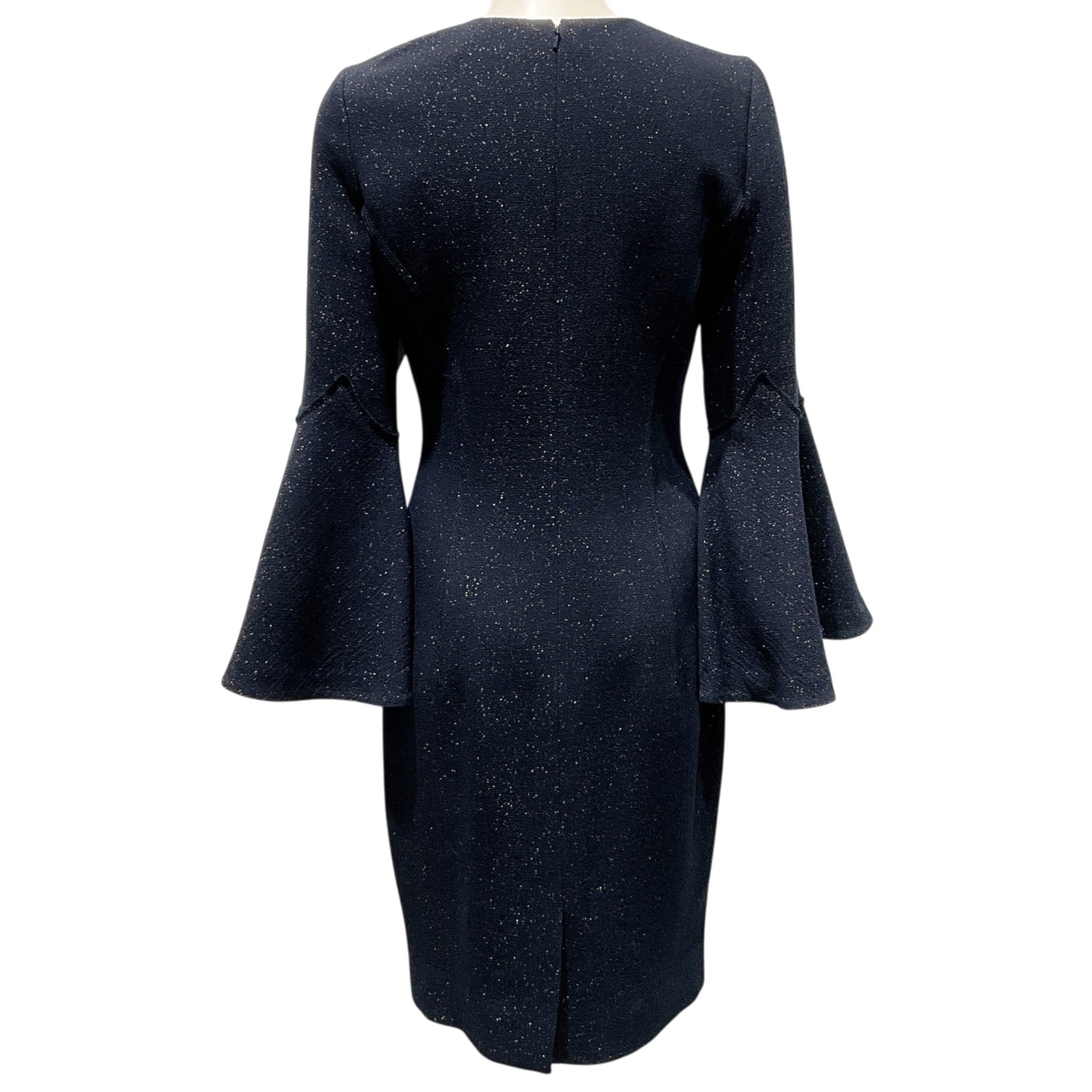 Oscar de la Renta Navy Blue Shimmer Wool Crepe Bell Sleeve Dress