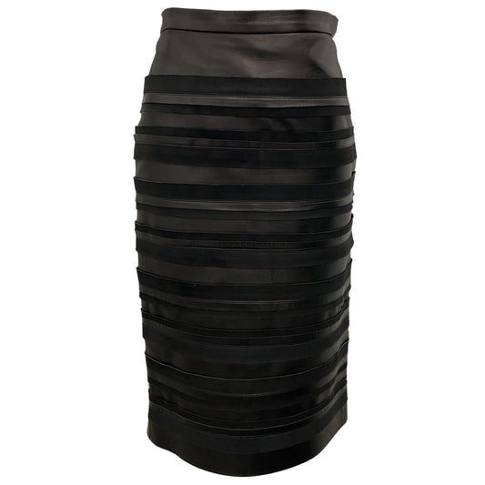 Oscar de la Renta Black Banded Leather and Suede Leather Skirt