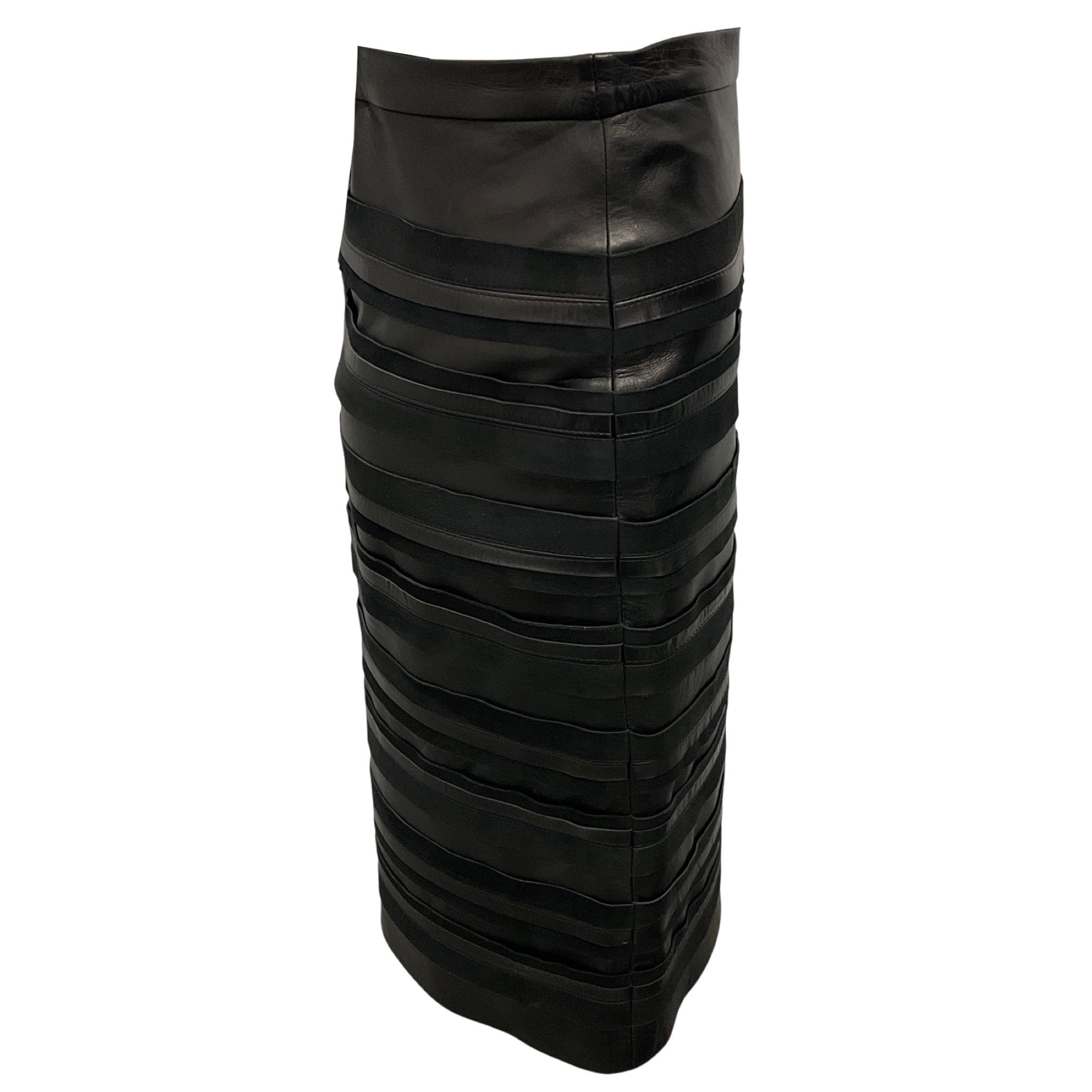 Oscar de la Renta Black Banded Leather and Suede Leather Skirt