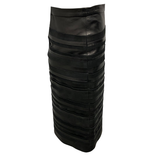 Oscar de la Renta Black Banded Leather and Suede Leather Skirt