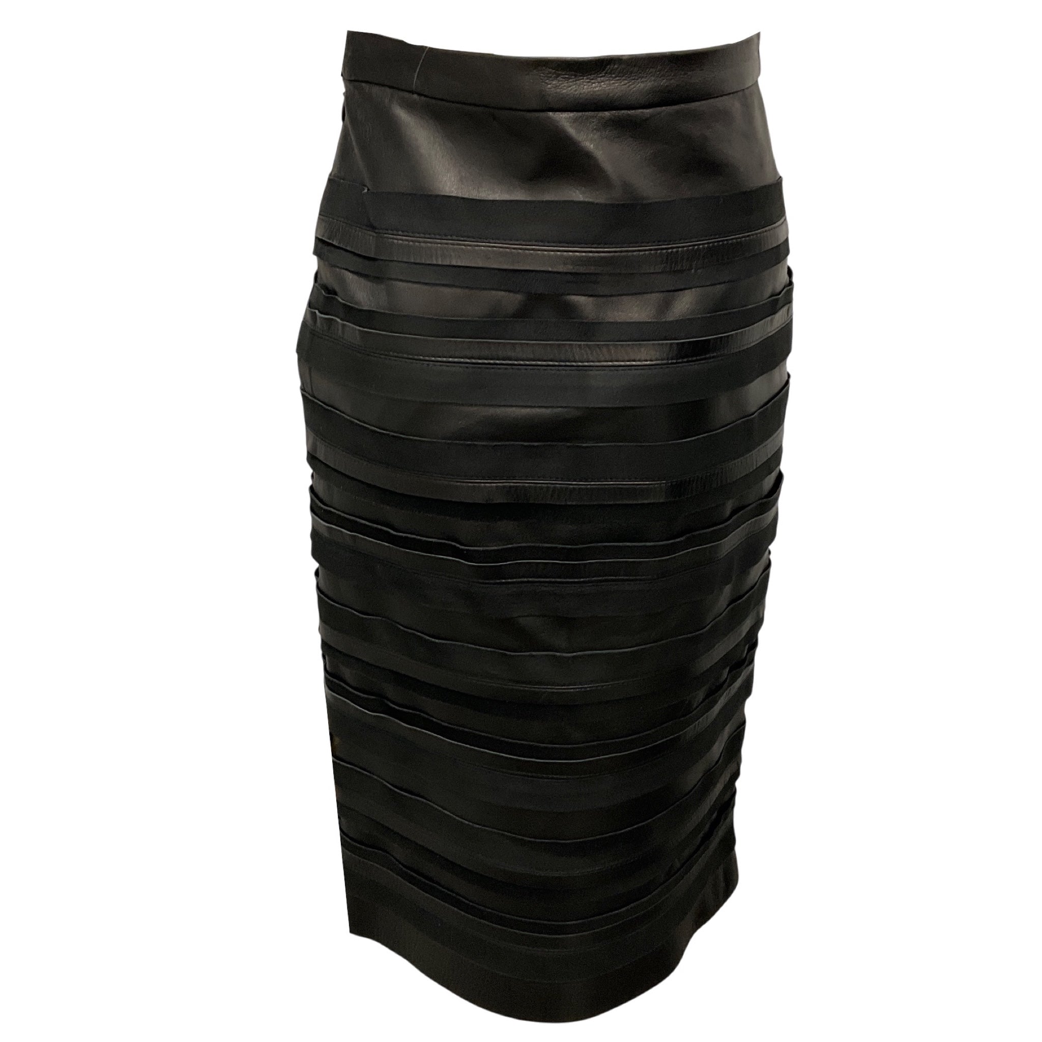 Oscar de la Renta Black Banded Leather and Suede Leather Skirt