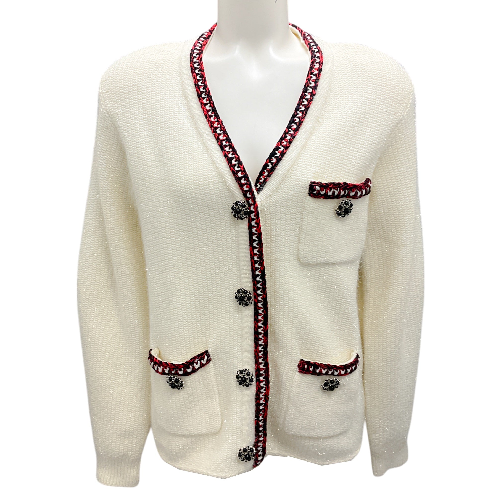 Self-Portrait Ivory 2021 Metallic Knit Cardigan