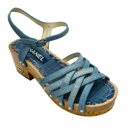 Chanel Light Blue Cruise 2018 Collection Glitter Denim Cork and Wood Heel Pearl Embellished CC Logo Sandal