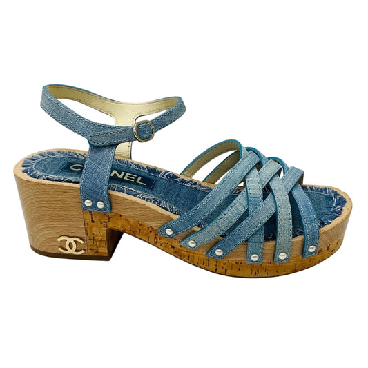 Chanel Light Blue Cruise 2018 Collection Glitter Denim Cork and Wood Heel Pearl Embellished CC Logo Sandal