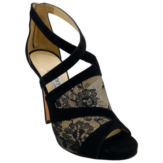 Jimmy Choo Black Suede Vantage Sandals with Lace Insets
