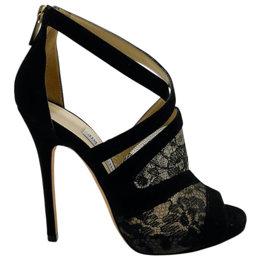 Jimmy Choo Black Suede Vantage Sandals with Lace Insets