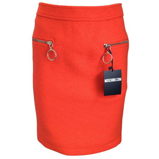 Moschino Couture Neon Orange / Silver Zipper Detail Wool Tweed Skirt