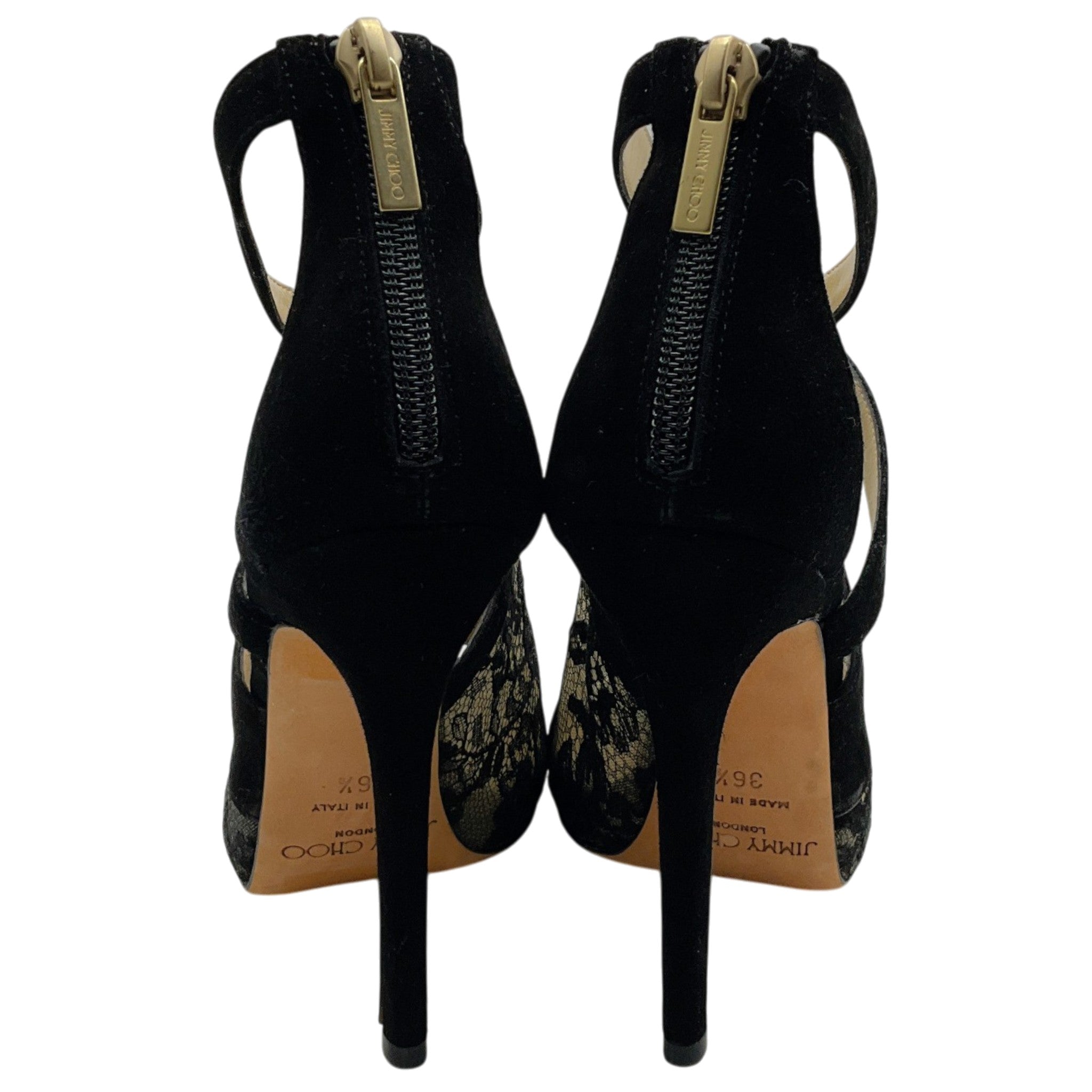 Jimmy Choo Black Suede Vantage Sandals with Lace Insets