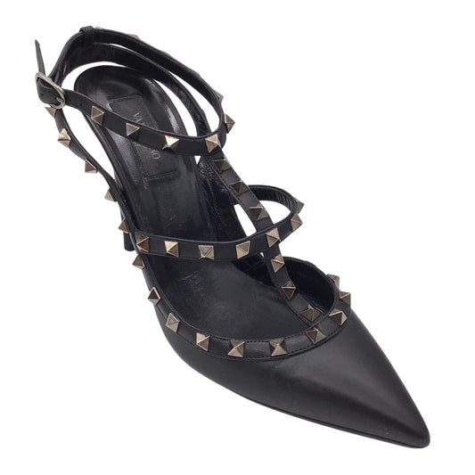 Valentino Noir Black Rockstud Pointed Toe Ankle Strap Leather Pumps
