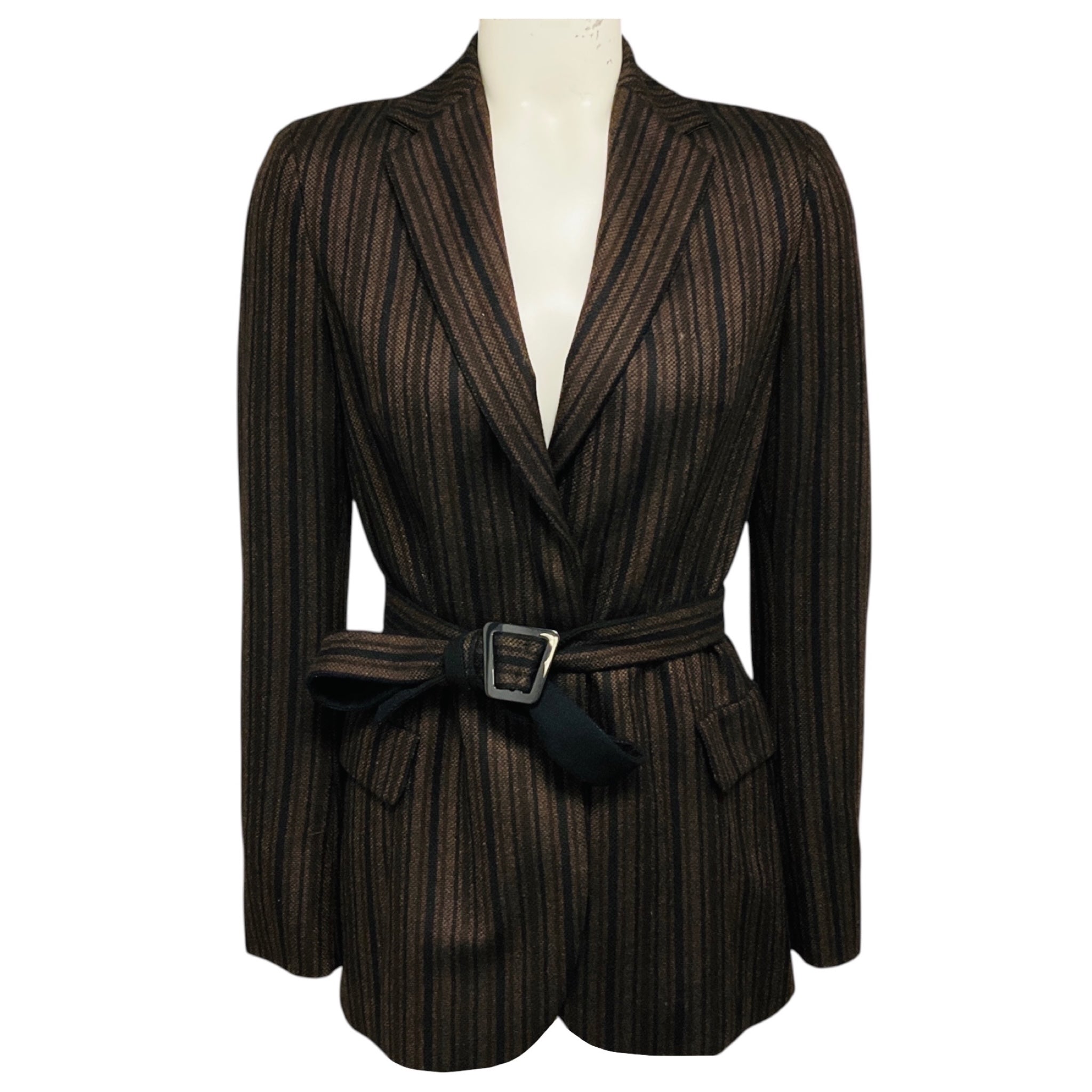 Akris Brown / Black Striped Cashmere Jacket with Belt