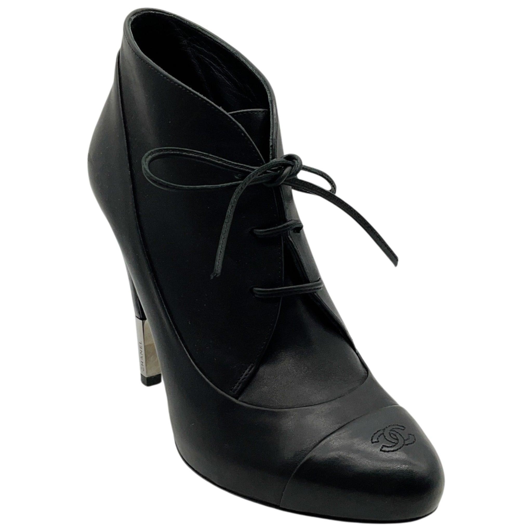 Chanel Black Leather Lace Up Ankle Boots with Silver Heel Detail
