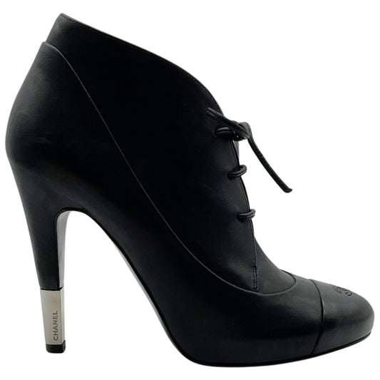 Chanel Black Leather Lace Up Ankle Boots with Silver Heel Detail