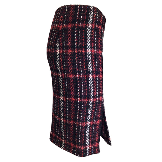 Marni Red / Black Multi Plaid Wool Tweed Pencil Skirt