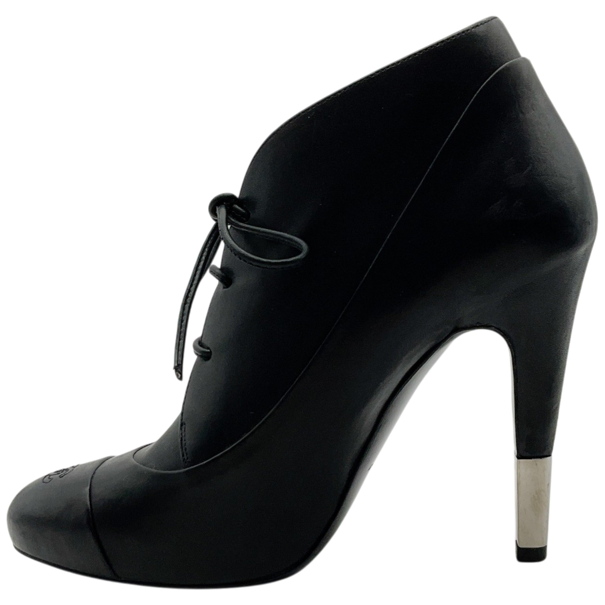 Chanel Black Leather Lace Up Ankle Boots with Silver Heel Detail