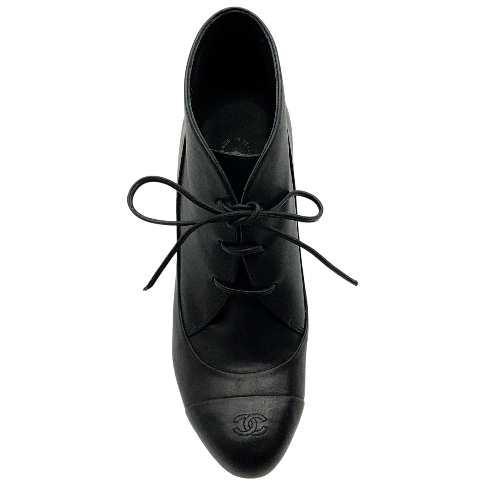 Chanel Black Leather Lace Up Ankle Boots with Silver Heel Detail