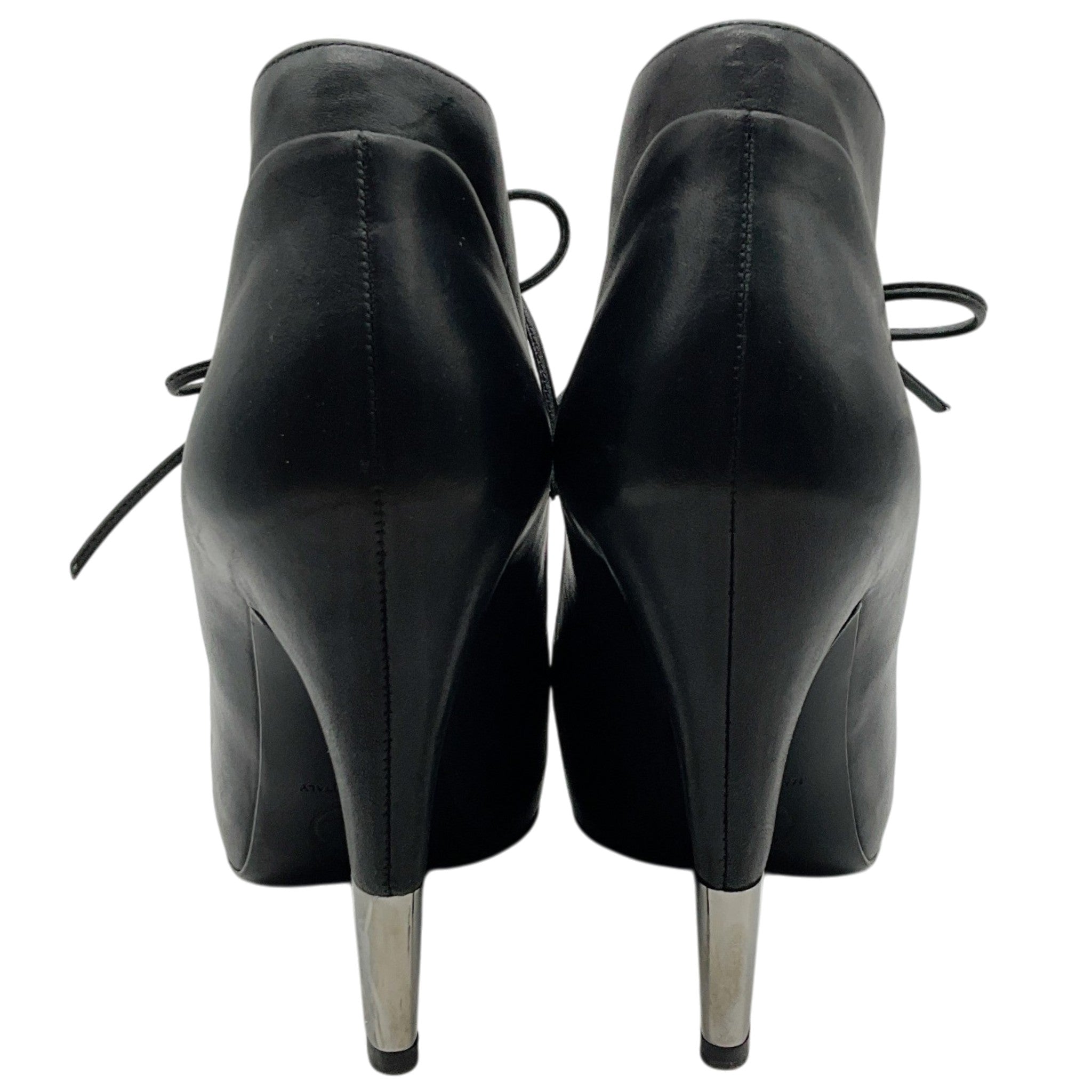 Chanel Black Leather Lace Up Ankle Boots with Silver Heel Detail