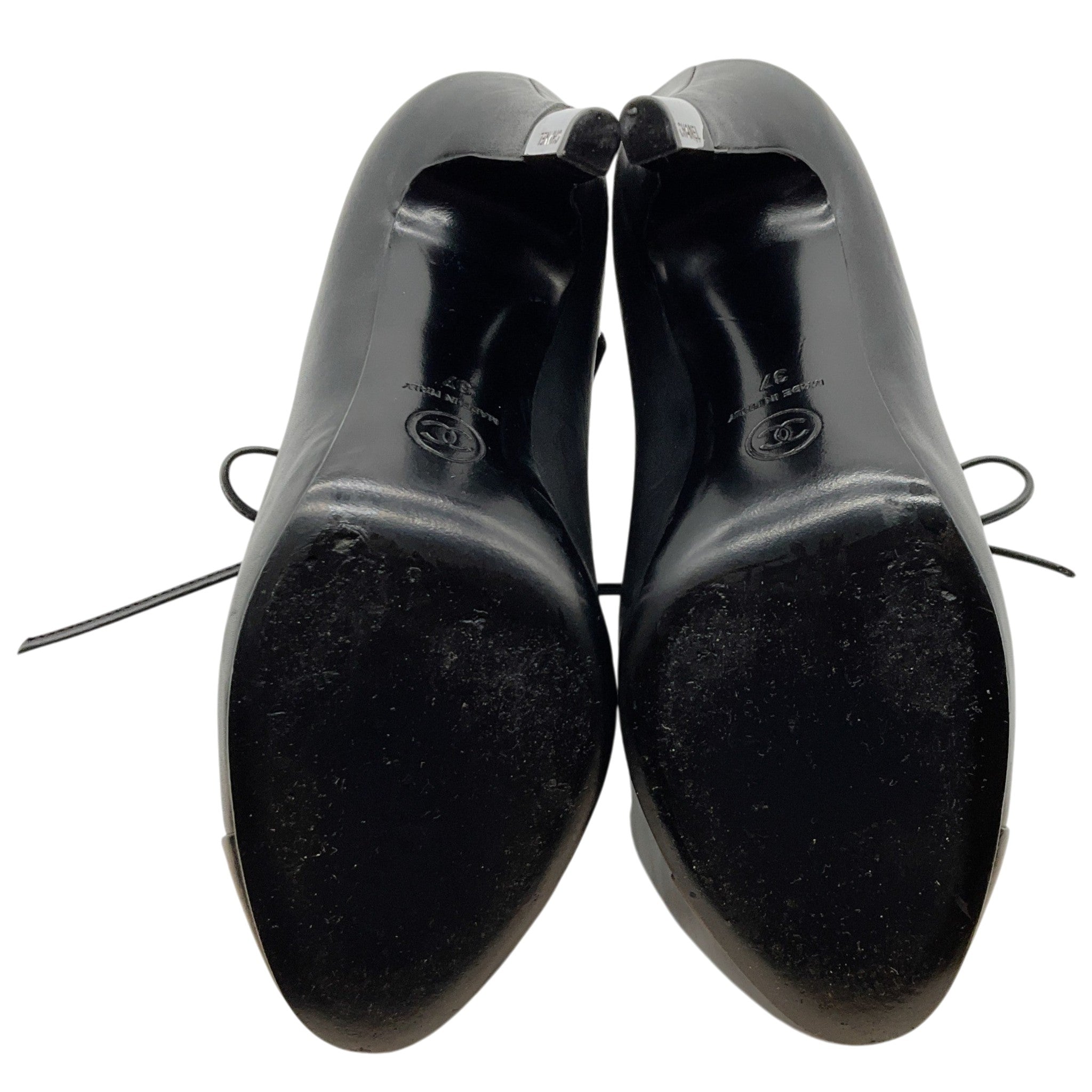 Chanel Black Leather Lace Up Ankle Boots with Silver Heel Detail