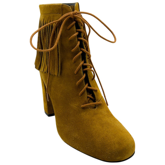 Saint Laurent Cognac Suede Fringe Lace Up Ankle Boots
