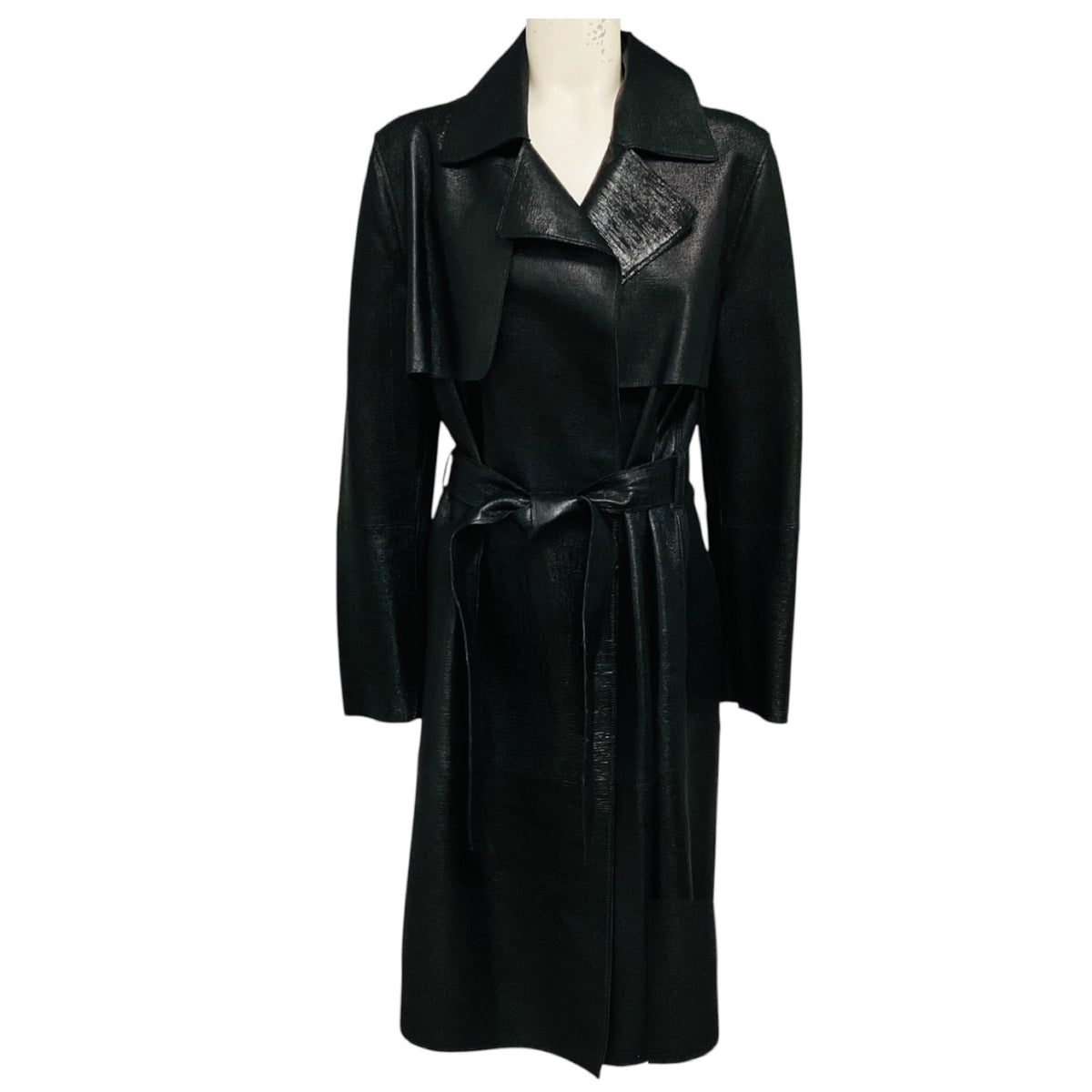 Fleurette Metallic Black Mid Length Leather Coat with Belt