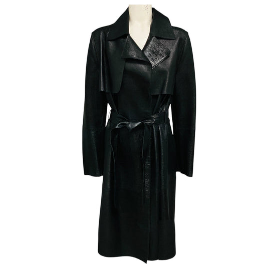 Fleurette Metallic Black Mid Length Leather Coat with Belt