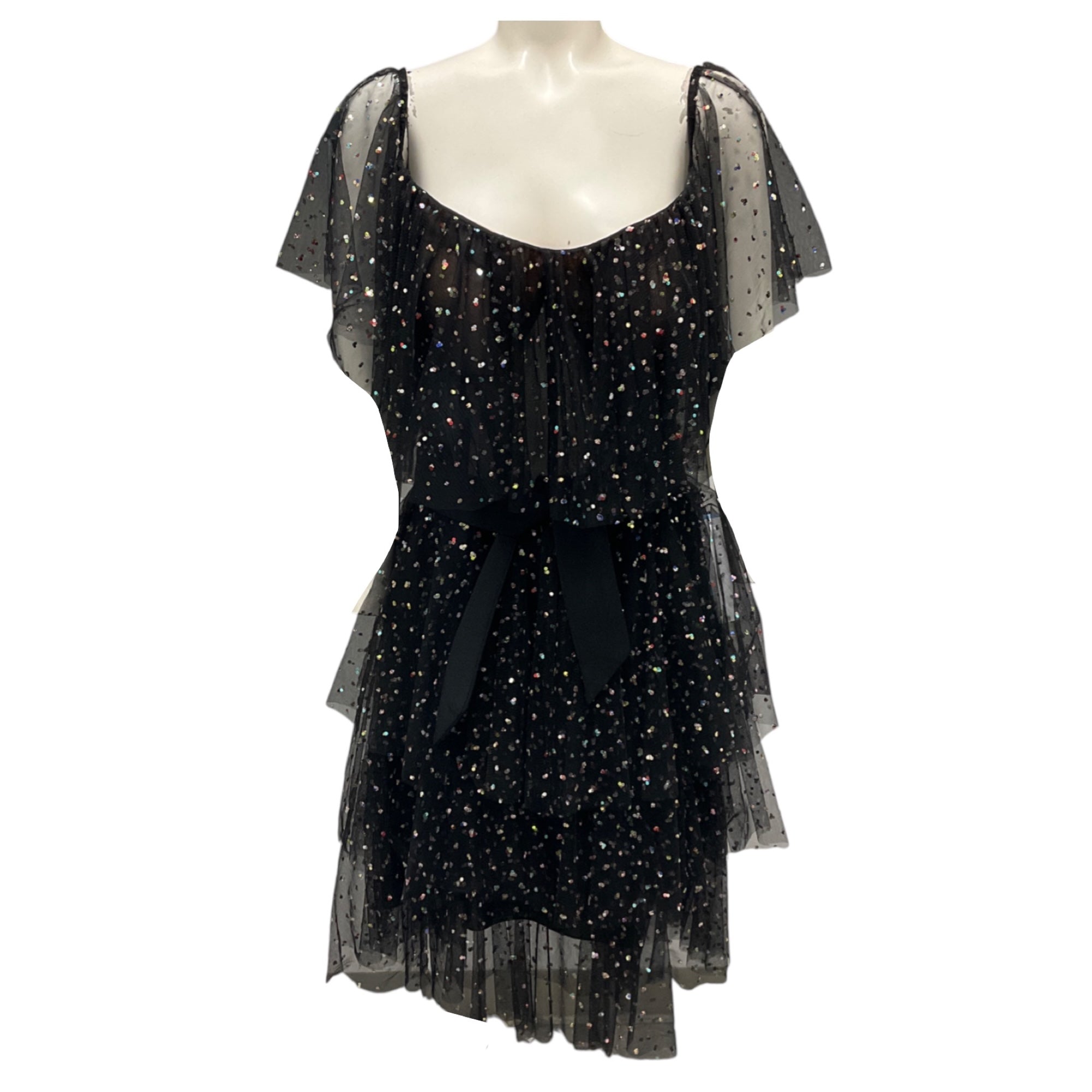 Gemy Maalouf Black Sequined Tiered Mesh Tulle Cocktail Dress