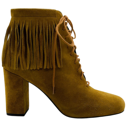 Saint Laurent Cognac Suede Fringe Lace Up Ankle Boots