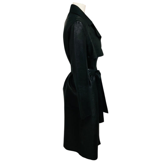 Fleurette Metallic Black Mid Length Leather Coat with Belt