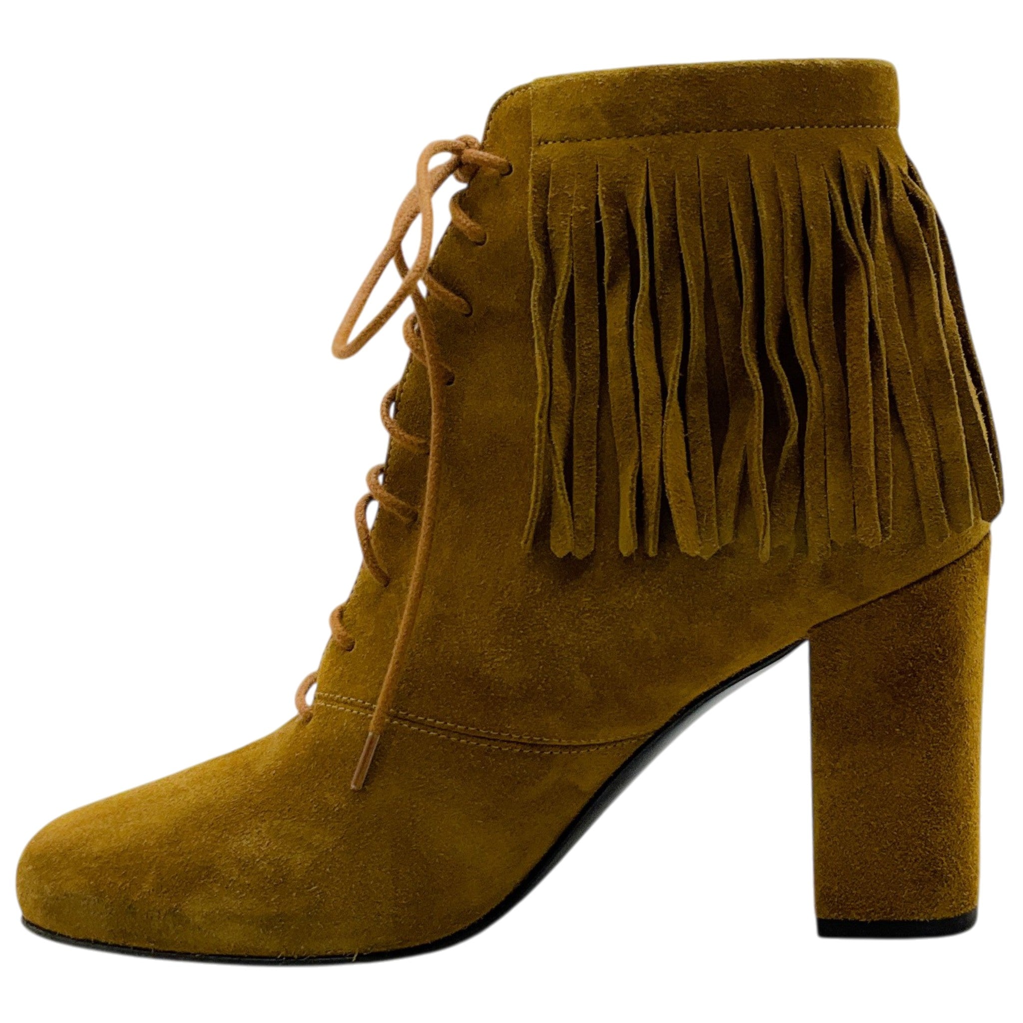 Saint Laurent Cognac Suede Fringe Lace Up Ankle Boots