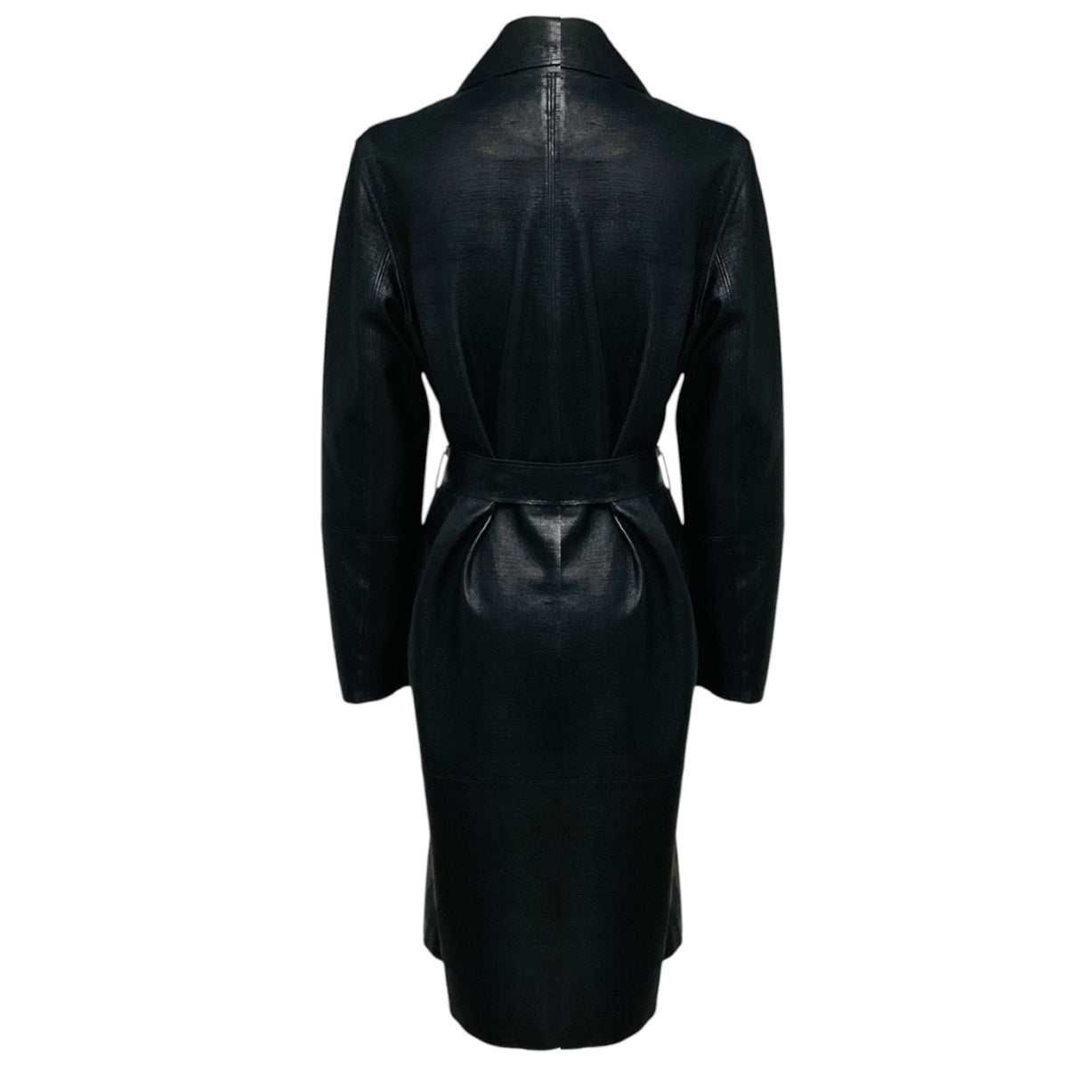 Fleurette Metallic Black Mid Length Leather Coat with Belt