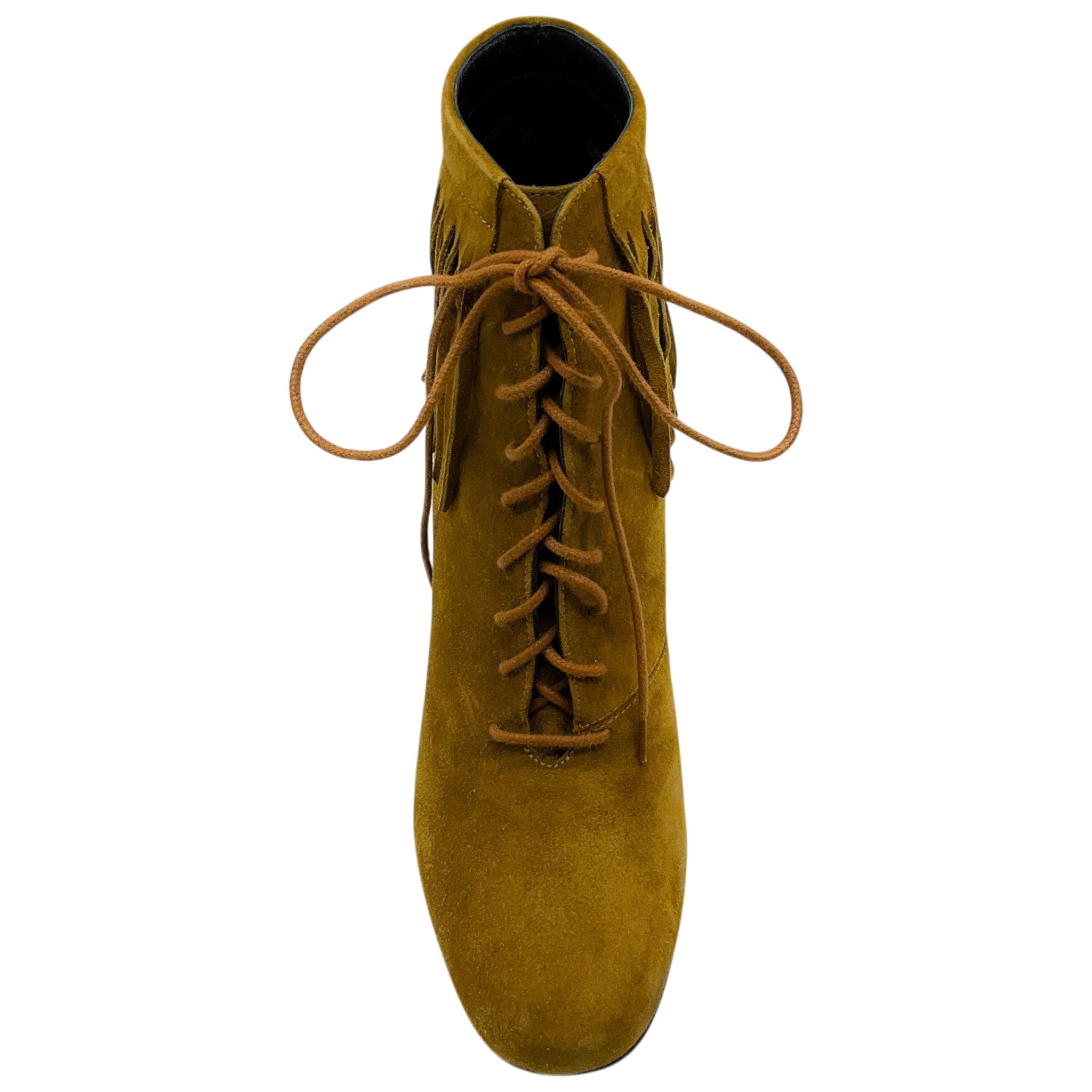 Saint Laurent Cognac Suede Fringe Lace Up Ankle Boots