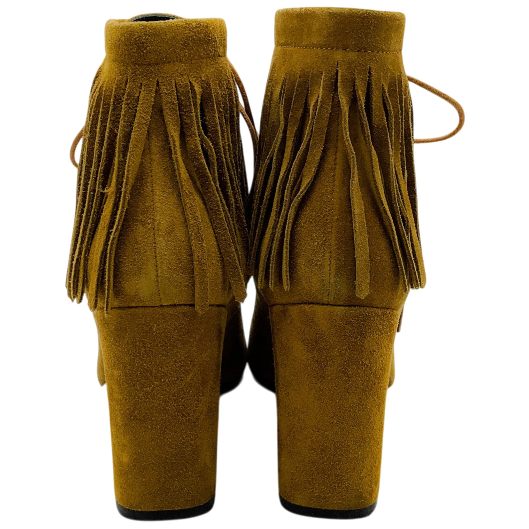 Saint Laurent Cognac Suede Fringe Lace Up Ankle Boots