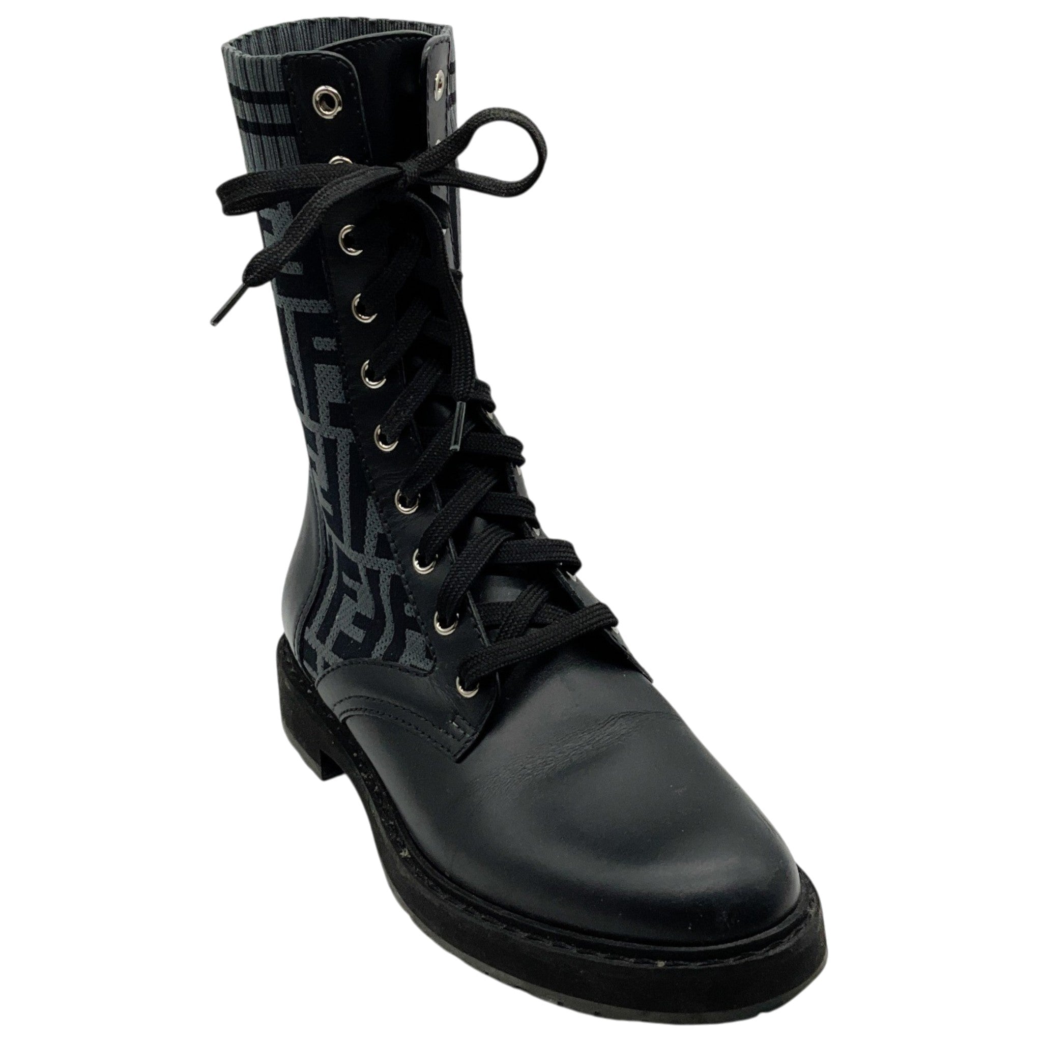 Fendi Black Leather & FF Motif Sock Knit Rockoko Combat Boots

