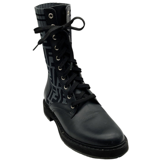 Fendi Black Leather & FF Motif Sock Knit Rockoko Combat Boots
