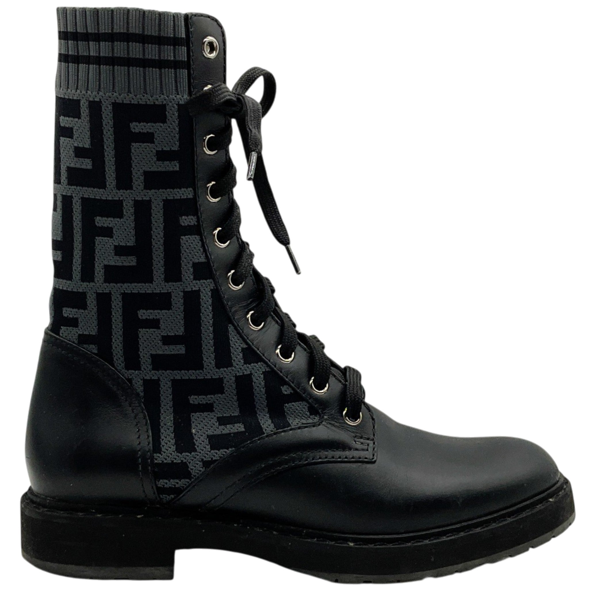 Fendi Black Leather & FF Motif Sock Knit Rockoko Combat Boots