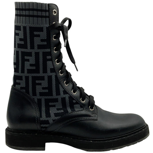 Fendi Black Leather & FF Motif Sock Knit Rockoko Combat Boots