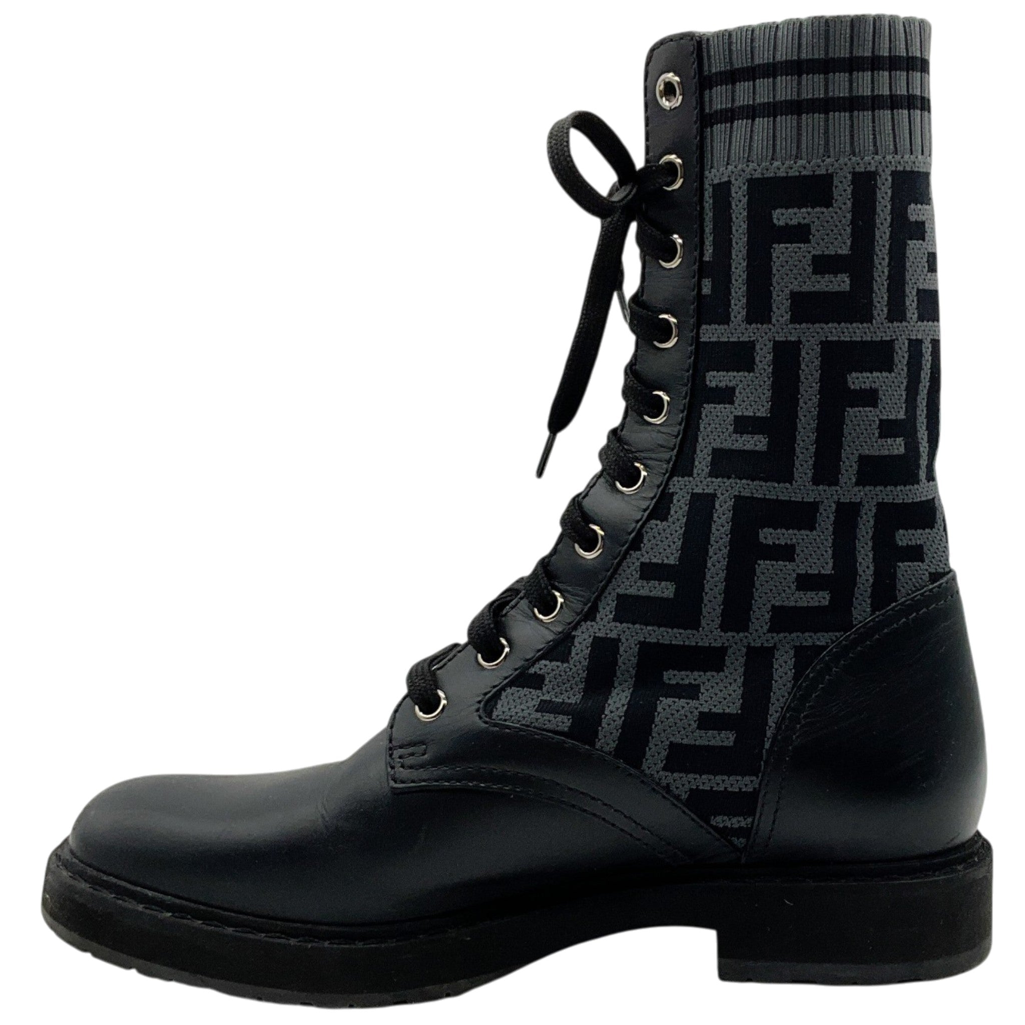 Fendi Black Leather & FF Motif Sock Knit Rockoko Combat Boots