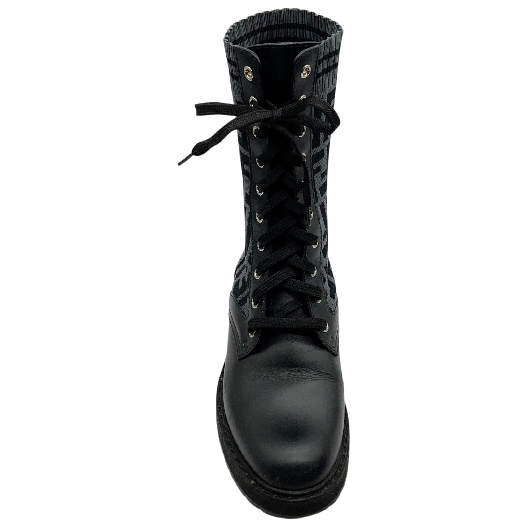 Fendi Black Leather & FF Motif Sock Knit Rockoko Combat Boots