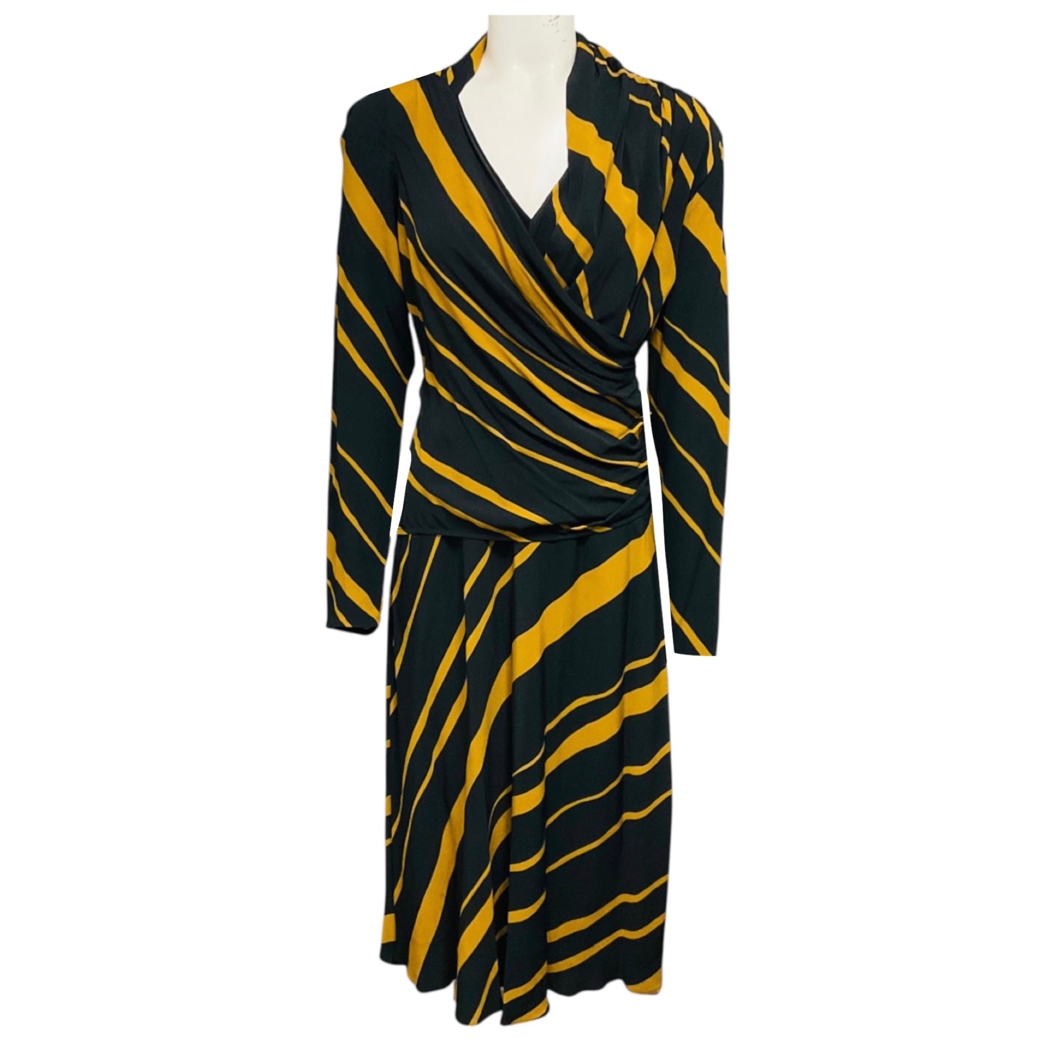 Proenza Schouler Black / Gold Striped Long Sleeved Crepe Midi Dress