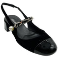Load image into Gallery viewer, Miu Miu Black Velvet and Patent Leather Slingback Pumps With Silver Chain and Pearl Detail

