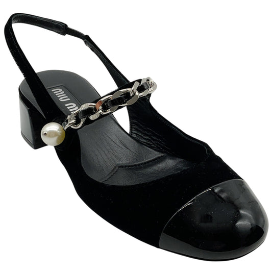 Miu Miu Black Velvet and Patent Leather Slingback Pumps With Silver Chain and Pearl Detail
