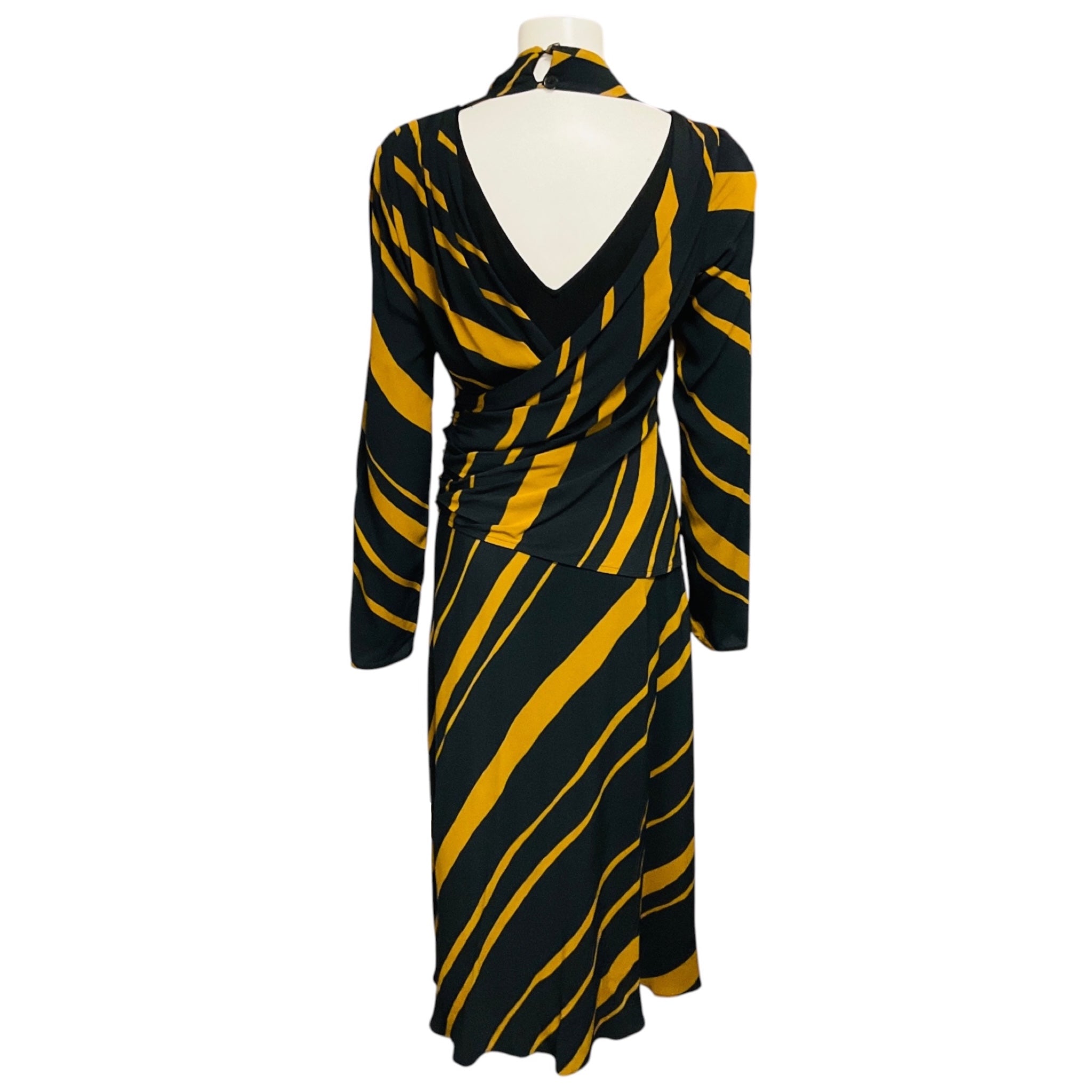 Proenza Schouler Black / Gold Striped Long Sleeved Crepe Midi Dress